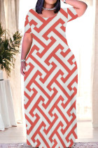 Red Casual Daily Geometric Print Contrast O Neck Printed Dresses