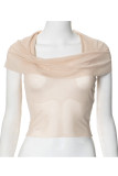 Khaki Sexy Solid Color See-Through Ruched Mesh Patchwork Asymmetrical Collar Tops