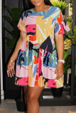 Light Color Casual Print Patchwork Fold O Neck Straight Dresses