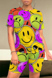 Colour Casual Smiley Face Print Contrast O Neck Short Sleeve Two Pieces