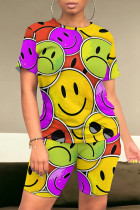 Colour Casual Smiley Face Print Contrast O Neck Short Sleeve Two Pieces