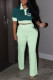 Green Casual Daily Letter Print Patchwork Contrast Turndown Collar Short Sleeve Two Pieces