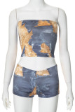 Blue Sexy Print Patchwork Strapless Sleeveless Two Pieces