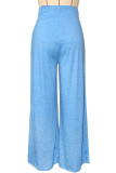Blue Casual Solid Color Pocket Patchwork Loose High Waist Wide Leg Patchwork Bottoms