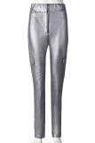 Grey Sexy Solid Color Slit Zipper Patchwork Regular High Waist Speaker Patchwork Bottoms