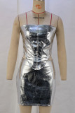 Rose Red Sexy Solid Color Zipper Patchwork Strapless Sleeveless Two Pieces