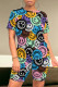 Colorful Blue Casual Smiley Face Print Contrast O Neck Short Sleeve Two Pieces