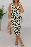 Beige Casual Geometric Print Contrast V Neck Printed Dresses