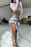 Blue Sexy Stripe Lace See-Through Patchwork Irregular Hem O Neck Long Sleeve Two Pieces