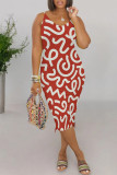 Beige Casual Geometric Print Contrast V Neck Printed Dresses