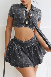 Dark Gray Sexy Solid Color Hollow Out Distressed Ruched Patchwork O Neck Short Sleeve Two Pieces