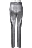 Grey Sexy Solid Color Slit Zipper Patchwork Regular High Waist Speaker Patchwork Bottoms
