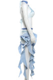 Blue Sexy Stripe Lace See-Through Patchwork Irregular Hem O Neck Long Sleeve Two Pieces
