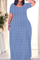 Dark Blue Casual Print Patchwork O Neck Straight Dresses