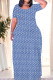 Dark Blue Casual Print Patchwork O Neck Straight Dresses