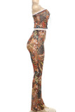 Yellow Sexy Print Cross Straps Patchwork Strapless Sleeveless Two Pieces