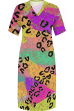 Purple Casual Print Pocket Patchwork V Neck Straight Plus Size Dresses