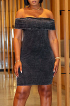 Black Sexy Solid Color Patchwork Off Shoulder Wrapped Skirt Dresses