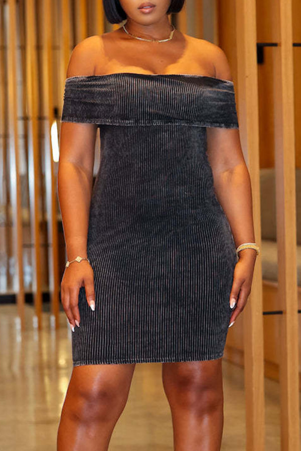 Black Sexy Solid Color Patchwork Off Shoulder Wrapped Skirt Dresses