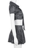 Dark Gray Sexy Solid Color Hollow Out Distressed Ruched Patchwork O Neck Short Sleeve Two Pieces