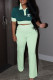 Green Casual Street Letter Print Patchwork Contrast Turndown Collar Short Sleeve Two Pieces