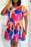 Light Color Casual Print Patchwork Fold O Neck Straight Dresses