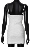 White Sexy Solid Color Lace Backless Strap Design Patchwork Spaghetti Strap Sling Dresses