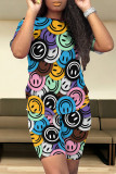 Colour Casual Smiley Face Print Contrast O Neck Short Sleeve Two Pieces