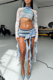 Blue Sexy Stripe Lace See-Through Patchwork Irregular Hem O Neck Long Sleeve Two Pieces