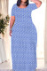 Blue Casual Print Patchwork O Neck Straight Dresses