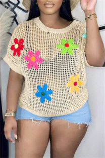 Beige Sexy Casual Flowers Patchwork Hollow Out See-Through O Neck T-Shirts