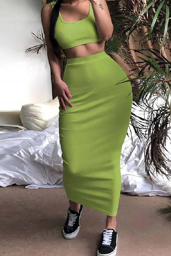 Green Yellow Casual Daily Solid Color Basic U Neck Sleeveless Two Pieces