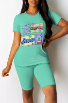 Green Casual Daily Cartoon Print Contrast O Neck Short Sleeve Two Pieces