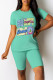 Green Casual Daily Cartoon Print Contrast O Neck Short Sleeve Two Pieces