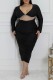 Black Sexy Party Formal Solid Color Fringed Trim Hollow Out V Neck Evening Plus Size Dresses