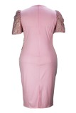 Pink Casual Patchwork Slit V Neck Short Sleeve Short Sleeve Dress