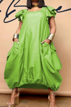 Green Casual Solid Patchwork Pocket O Neck Short Sleeve Dress Plus Size Dresses