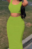 Green Yellow Casual Daily Solid Color Basic U Neck Sleeveless Two Pieces
