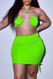 Fluorescent Green Sexy Solid Color Lace Up Backless Halter Sleeveless Two Pieces