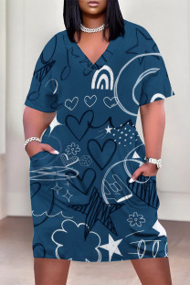 Blue Casual Geometric Print The stars Pocket V Neck Printed Plus Size Dresses