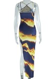 Black Yellow Sexy Print Backless Slit Spaghetti Strap Long Dresses