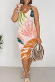 Orange Red Casual Floral Print Contrast V Neck Printed Dresses