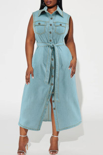 Light Blue Casual Solid Color With Belt Turndown Collar Denim Plus Size Dresses