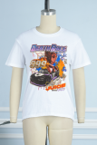 White Casual Figure Print Letter Print O Neck T-Shirts