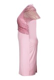 Pink Casual Patchwork Slit V Neck Short Sleeve Short Sleeve Dress