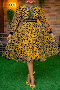 Yellow Casual Print Patchwork V Neck Long Sleeve Plus Size Dresses