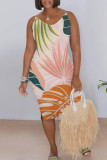 Orange Red Casual Floral Print Contrast V Neck Printed Dresses