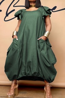 Ink Green Casual Solid Patchwork Pocket O Neck Short Sleeve Dress Plus Size Dresses