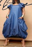 Khaki Casual Solid Patchwork Pocket O Neck Short Sleeve Dress Plus Size Dresses