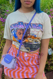 White Casual Figure Print Letter Print O Neck T-Shirts